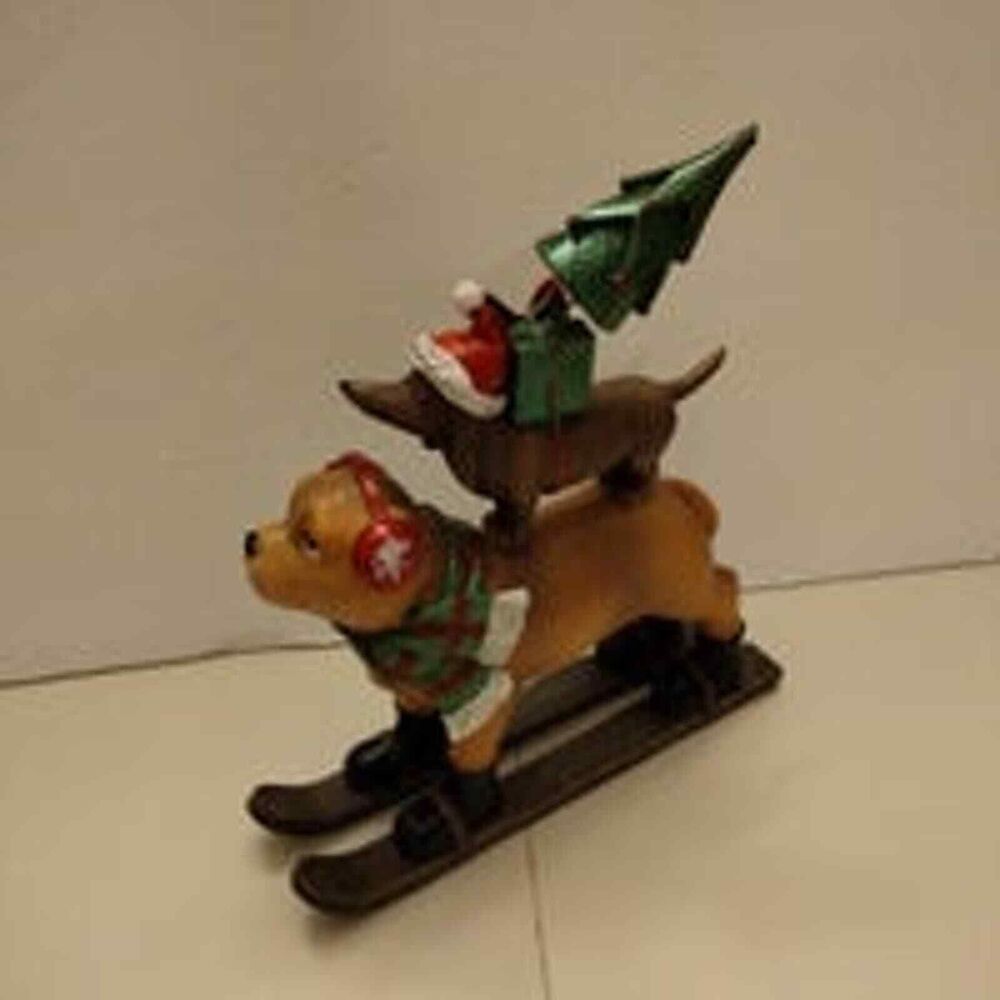 Vintage Christmas Skiing Dachshund dogs with Bobble tree figurine 12" x 10"
